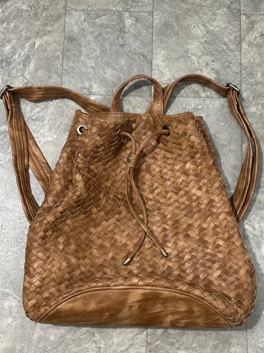 Neiman Marcus Woven Leather Bucket Backpack Tan